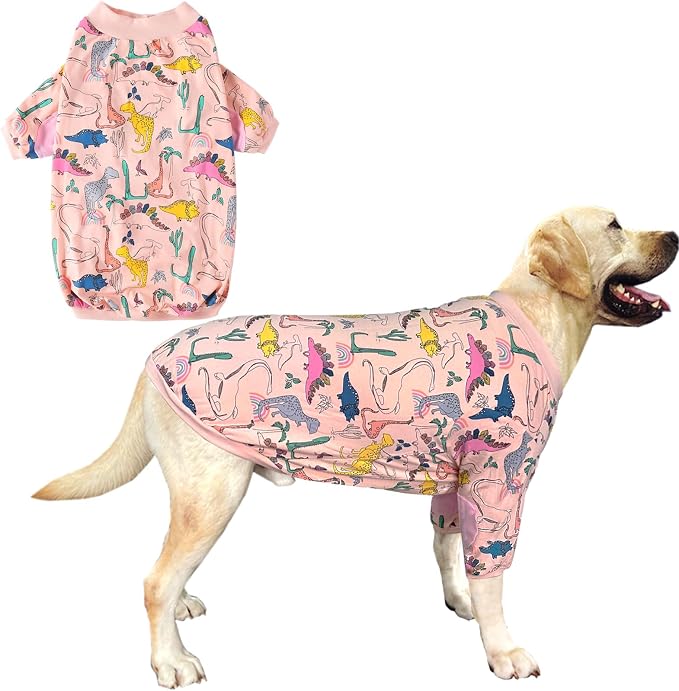 Dog T Shirts Cotton Dinosaur Pattern Prints Shirt Pajamas Pets Breathable Stretchy Apparel Clothes for Large Dogs (L,Pink Dinosaur)