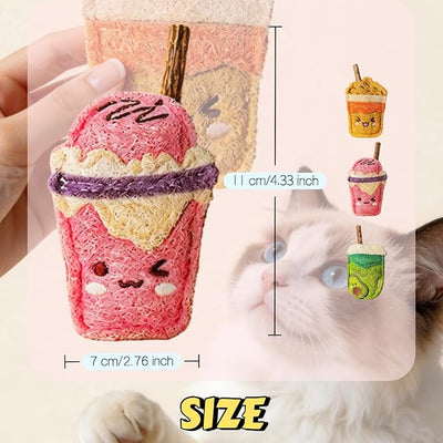 Natural Loofah Chew Cat Toys Janpanese Style, Dental Care Silvervine Sticks for Indoor Cats and Kittens, Milk Tea Cup-Shaped Catnip Treat Toys (Brown)