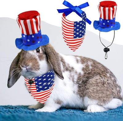 4 Pcs Pet Independence Day Costume Pet 4th of July Guinea Pig Hat and Bandana Uncle Sam Rabbit Hat American Flag Small Animals Hat Bandana Triangle Bib Scarf with Stars and Stripes Pattern (L)