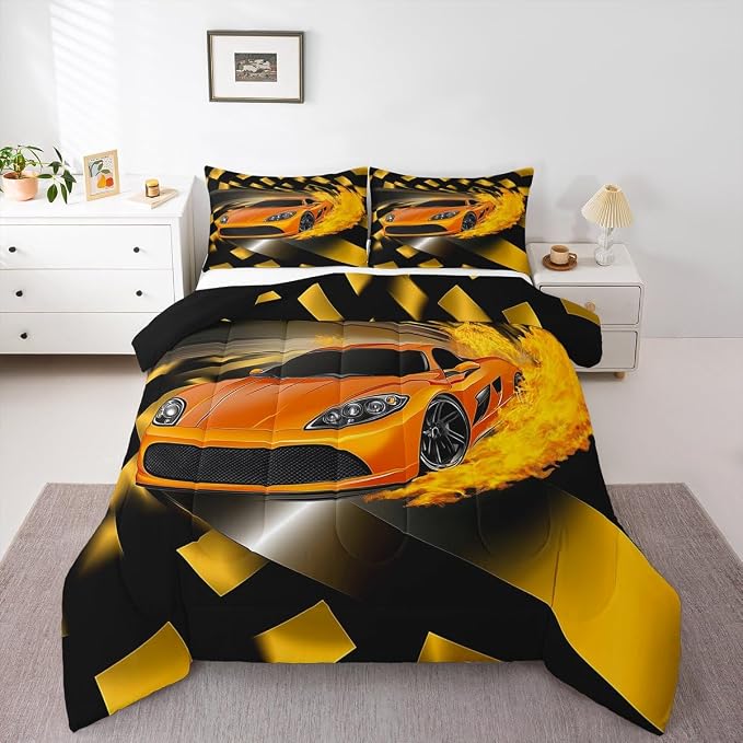 Erosebridal Boys Race Car Comforter Set, Cool Speed Sports Bedding Set King Size for Kids Teens Adult Men, Extreme Sport Quilted Duvet Automobile Checkered Sets Bedroom JCXS80LHM-BZ_USk