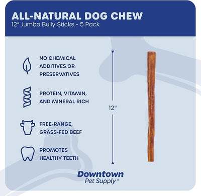 Downtown Pet Supply Jumbo Bully Sticks for Dogs - Natural Beef Chews, Low-Odor & Rawhide-Free, Long Lasting Dog Treats for Aggressive Chewers - Healthy, Safe & Delicious Chews Dogs Love (12" 5 Pack)
