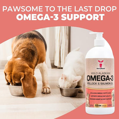 SavvyBeast Pollock & Salmon Oil for Dogs & Cats - Omega 3 Fish Oil Supplement with EPA & DHA - All-Natural Wild Caught Oil Supports Skin & Coat, Joint, Heart & Immune Health - Made in USA - 32 oz