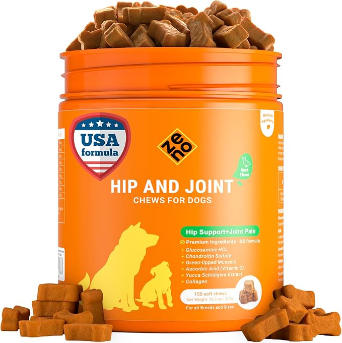 ZENO Glucosamine HCL & Hip and Joint Chews for Dogs - 150 pcs - Advanced Hip and Joint Support for Dogs - with MSM & Green Lipped Mussel - Duck