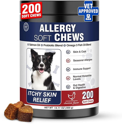 Dog Allergy Chews 200 Treats, Dog Allergy and Itching Skin Relief Bites Immune Support Dogs Probiotics for Yeast, Itchy Skin and Itchy Ears Anti Itch Licking Paws Treatment for Dogs Seasonal Allergies