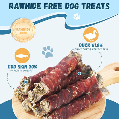 Pawmate Duck Wrapped Cod Skin Sticks Dog Treats, Rawhide Free High Protein Dog Chews with Omega 3, Natural Long Lasting Duck Dog Treats for Large Medium Small Breeds, 10.6 oz