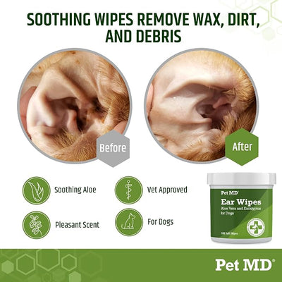 Pet MD Dog Ear Cleaning Wipes – Otic Cleanser for Dogs, Soothing Ear Care with Aloe Vera & Eucalyptus, Regular Wipes, 100 Count