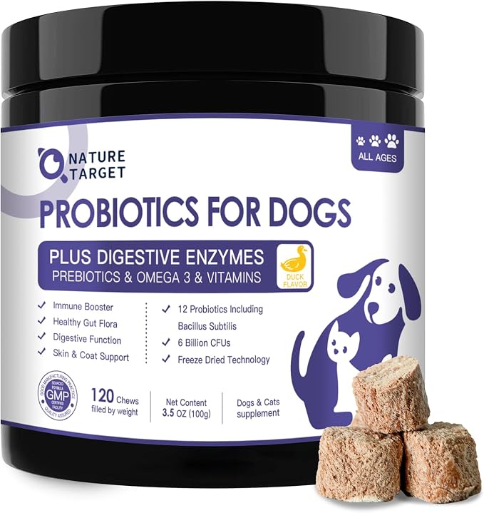 Probiotics for Dogs, Duck Flavored Dog Probiotics with Prebiotics and Digestive Enzymes for Dog Gut Health, Vitamins and Omega 3 for Skin & Coat & Immune Health - 120 Treats