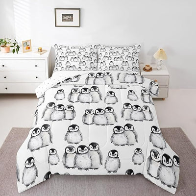 Erosebridal Penguin Comforter Set King Size for Kids Boys Girls Antarctic Animal Bedding Set Penguin Illustration Down Comforter Grey White and Black Cartoon Quilted Comforter with 2 Pillow Cases