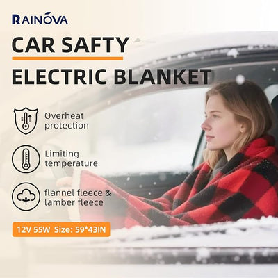 RAINOVA 12V Car Heated Blanket, 59"x 43" Electric Travel Throw with 84.65" Extended Cord, Birthday, Dual-Sided Flannel & Lambswool, Overheat Protection & EMC Certified