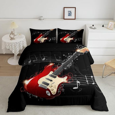 Erosebridal Guitar Comforter Set, Teens Musical Note Duvet Sets King Size, Music Themed Hip Hop Bedding Set for Kids Boys Youth Adult, Black Lightweight Luxury Down Comforter with 2 Pillow Cases