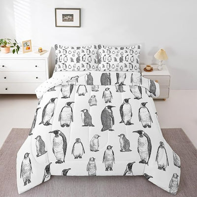 Erosebridal Penguin Comforter Set Twin Size, Antarctic Animal Down Comforter for Kids Boys Girls Children, Winter Theme Duvet Insert Penguin Sketch Quilted Duvet Bed Decorative, Grey White
