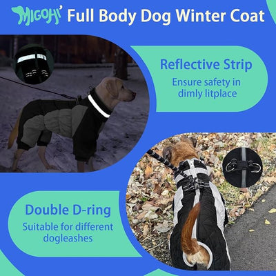 MIGOHI Full Body Dog Coat，Warm Coats for Medium Dogs | Reflective Winter Coat for Dogs with Harness,Turtleneck Dog Snowsuit with Legs,Windproof Pet Fleece Puffer Jacket,XL,Black