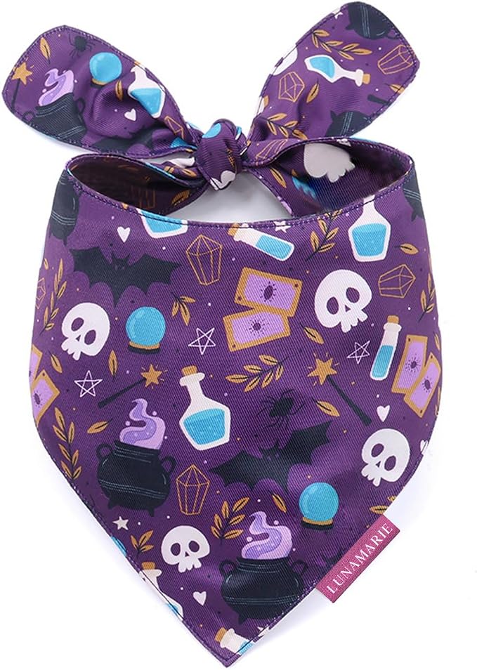 LunaMarie - Luxury Dog Bandanas - Cute Witch Magic Design | Premium & Silky Fabric | 100% Handmade | Custom Shape Dual Layered Reversible Small, Medium, Large Cat Scarf (Bewitched, Small)