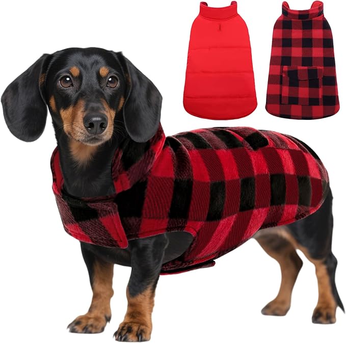 Dog Winter Coat, Fleece Doggie Jacket Plaid Reversible Vest Waterproof Windproof Cold Weather Clothes for Small Medium Large Dogs(Red S)