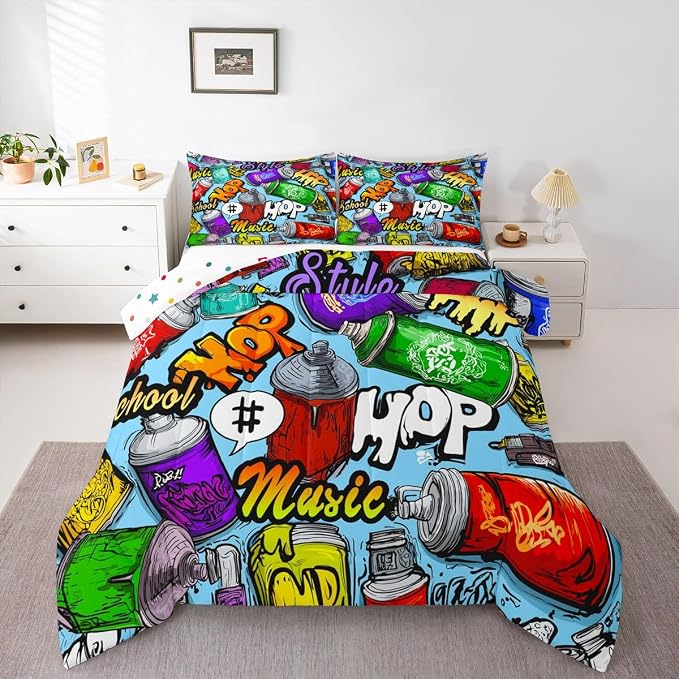 Erosebridal Hip Hop Comforter Set Twin Size, Graffiti Style Down Comforter for Kids Boys Girls Teens, Street Culture Bedding Set Grunge Watercolor Lightweight Bedding Comforters Bedroom Decor, Blue