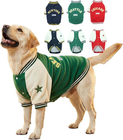 XXXL Dog Winter Jackets – Extra Large Doggy Fleece Coats for Cold Weather, Snap-On Sport Outfits for Dogs, Thick Pet Baseball Clothes, Pup Sportwears for Boxer, Christmas Puppy Costumes, Green