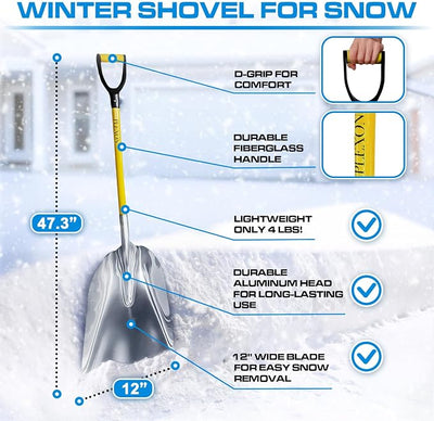 Plexon Metal Snow Shovel for Driveway 12" Blade - Heavy Duty Snow Shovel for Car - Metal Scoop Shovel Aluminum - Fiberglass Handle & Plastic D-Grip - Outdoor Garden Yard, 48" Length