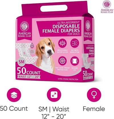 American Kennel Club Dog Diapers, Small, Female | Disposable | Wetness Indicator | 50 Count, Pack of 6