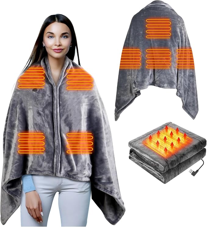 USB Heated Blanket Electric Throw, 59" x 31" Electric Heated Shawl Poncho Wrap Blanket with Zipper, Soft Cozy Flannel Gift Wearable Blanket for Car Office Home Travel