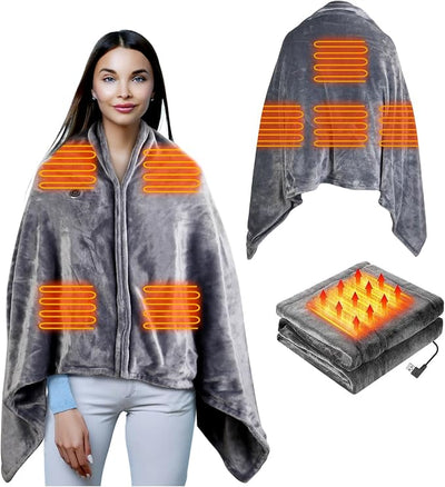 USB Heated Blanket Electric Throw, 59" x 31" Electric Heated Shawl Poncho Wrap Blanket with Zipper, Soft Cozy Flannel Gift Wearable Blanket for Car Office Home Travel