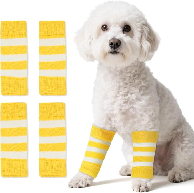 Pet Dog Elbow Protector Dog Elbow Sleeve, 2PCS Front Leg and 2PCS Back Leg Knee, Elbow Wrap Leg Warmer Wrap Protector, Pet Elastic Knitted Breathable Protective YellowStripe M