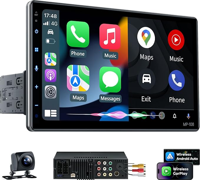 10.1" Wireless Single Din Car Radio Stereo with Apple Carplay Android Auto Touch Screen, Car Play Audio Receivers Headunit, Bluetooth 5.3, Backup Camera, 240W, 2 Subwoofers, Navigation, FM/AM, SWC