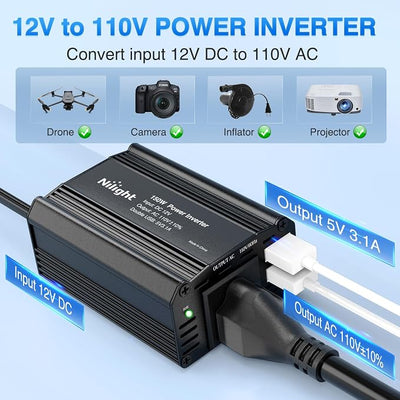 Nilight 150W Power Inverter 12V DC to 110V AC Car Charger Converter with 3.1A Dual USB Ports and 1 AC Outlets for Phones Tablets Laptop Computer Game Console Kindle iPad DVD Players Black