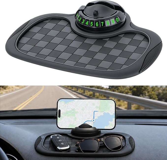 Multifunctional Car Anti Slip Mat, 360° Rotatable Phone Holder Dashboard Pad with Temporary Parking Number, Anti Skid Organizer for Phones Sunglasses Keys (Black & Gray)