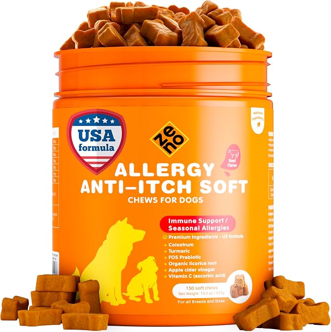 ZENO Dog Allergy Chews 150Pcs - Dog Supplements for Itchy Skin and Paw Licking - Canine Allergy Relief - US Formula with Probiotics, Natural Ingredients & Vitamins - Beef