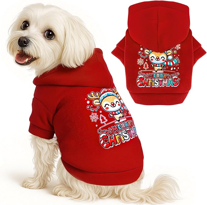 ABRRLO Small Dog Hoodie Clothes Red Christmas Dog Outfit Warm Fleece Dogs Sweater for Small Dogs Cat Boy Girl Cute Puppy Sweatshirt with Leash Hole Xmas Doggy Costume Chihuahua Yorkie(Xmas Deer,XL)