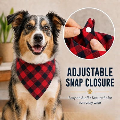 Valentine’s Dual Layer Scarf Bandanas for Dogs - Red Blue Plaid Scarf with Button Snap and Soft Cotton for Small and Medium Pets, Medium