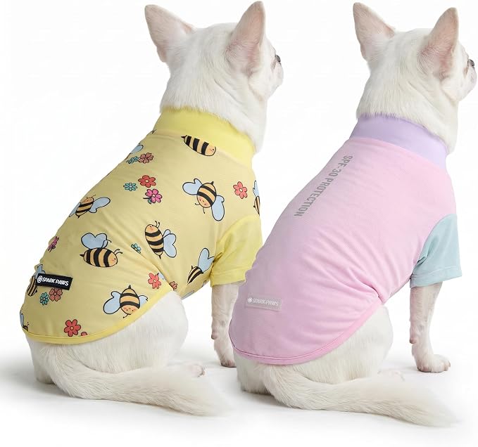 Spark Paws Sunblock Dog T-Shirt, SPF30 Protection, Lightweight Breathable Quick Dry for Dogs with Sensitive Skin - Bees & Gelato (Set of 2) - Size S