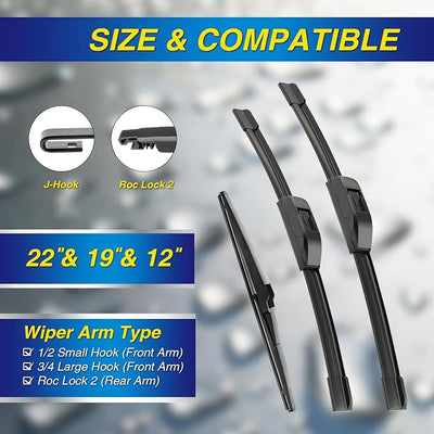 5 PLUS® Silicone Windshield Wipers Replacement for 2001-2007 Toyota Highlander, 2001-2005 Toyota Rav4 Wiper Blades(Set of 3),Automotive Replacement Windshield Wiper Blades For My Car-22"/19"/12"