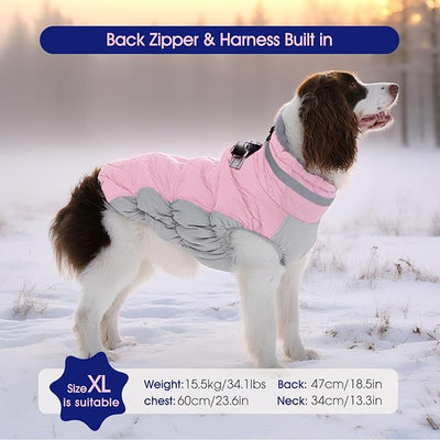 FUAMEY Dog Coat for Large Dogs,Waterproof Dog Winter Jacket with Harness Built in Puppy Cold Weather Coats Reflective Pet Vest with Zipper Warm Fleece Dogs Snowsuit Windproof Pink 3XL