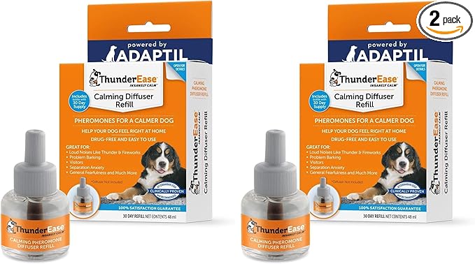 ThunderEase Dog Calming Pheromone Diffuser-Refill, Powered by ADAPTIL, Vet Recommended to Relieve Separation Anxiety, Stress Barking, Chewing,The Fear of Fireworks & Thunderstorms (30 Day) (Pack of 2)