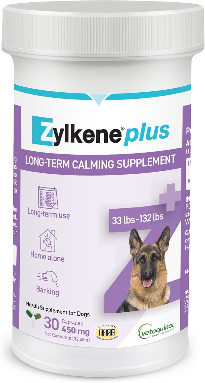 Zylkene Plus Long-Term Calming Supplement with Alpha-Casozepine and White Fish Muscle Hydrolysate for Large Dogs 33-132lbs, Daily Behavioral Support for Dogs, 450 mg