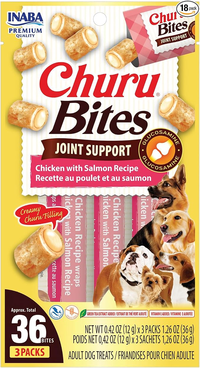 INABA Churu Bites Joint Support for Dog, Functional Lickable Dog Treat with Taurine & Green Tea Extract, 1.26oz Each, 18 Tubes Total, Chicken with Salmon Recipe
