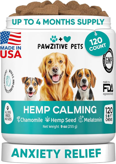 Hemp Calming Chews for Dogs - Dog Calming Chews for Anxiety Relief, Stress, Separation, Fireworks, Thunder, Travel, Vet Visits - USA Product - 120 Soft Treats with Melatonin, Chamomile, Passion Flower