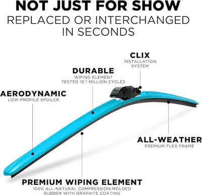 Clix Wipers Windshield Wiper Blades 16"/16" Set of 2, Fits Jeep Wrangler JK, JKU, JL, JLU & Gladiator JT, All-Weather Premium Replacement Wipers with Quick Clips, 2007-2025 Jeep Accessories, Teal