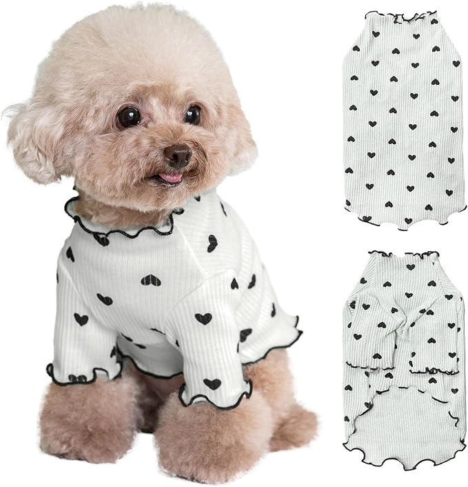 Pet Clothes for Small Dogs Cat Summer Fall Heart Print Shirt Stretchable Ruffle Long Sleeve Outfits for Chihuahua Schnauzer Shih Tzu Yorkie (Grey, X-Large)
