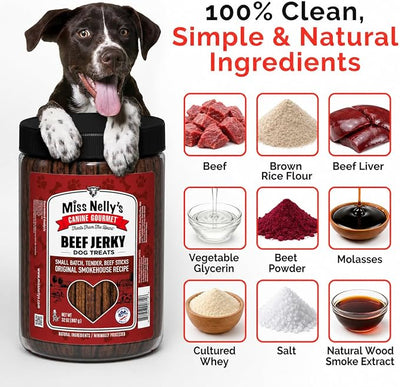 Miss Nelly's- All Natural Beef Jerky Dog Treats Made in USA Only-Original Smoke House Recipe-Minimally Processed Soft Sticks Dog Jerky Treats-32 oz. Jar