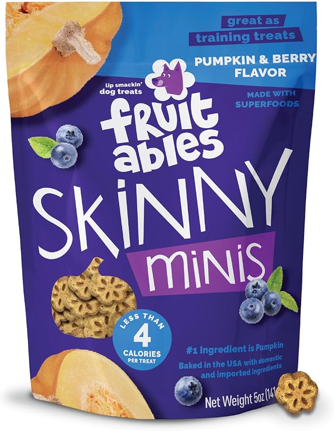 Skinny Mini Dog Treats, Healthy Pumpkin Treat for Dogs, Low Calorie & Delicious, Puppy Training, No Wheat, Corn or Soy, Made in the USA, Pumpkin and Berry Flavor, 5oz
