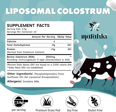 Marafiki Liposomal Bovine Colostrum Supplement - Grass Fed Colostrum Powder - High Bioavailability, Easy to Mix (60 Servings)
