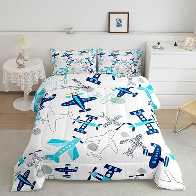 Erosebridal Kids Airplane Comforter Set, Aircraft Pattern Down Comforter Queen Size Aviation Theme Cartoon Bedding Set for Boys Girls Teens Adult, Teal Blue Airplanes Duvet Sets with 2 Pillow Cases