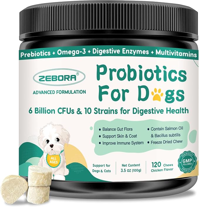 ZEBORA Probiotics for Dogs & Cats, Dog Probiotics for Digestive Health, 6 Billion CFUs Digestive Enzymes with Prebiotics, Omegas & Vitamins for Gut & Itchy - 120 Chews