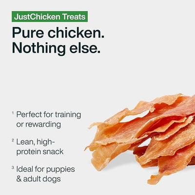JustFoodForDogs Single Ingredient Healthy Dog Treats and Dog Snacks, Jerky Treats, Human Grade, Preservative and Grain Free, Rawhide Free Chews, Low Calorie Treat - Chicken Breast, 2.5 oz Pack of 4