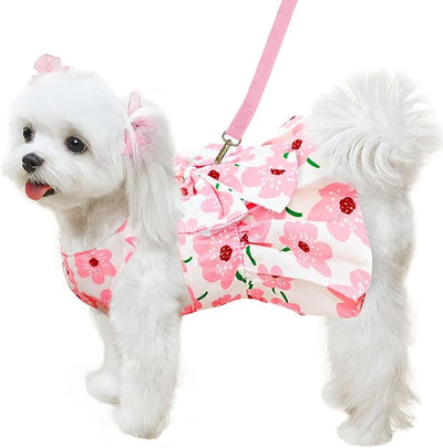 ABRRLO Cute Dog Dress Small Dog Clothes for Girls Female Puppy Outfits Pink Floral Pet Summer Clothes Bowknot Doggy Cat Princess Dress Harness Set for Holiday Birthday Party Costume Clothing (Pink,L)