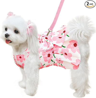 ABRRLO Cute Dog Dress Small Dog Clothes for Girls Female Puppy Outfits Floral Pet Summer Clothes Bowknot Doggy Harness Dress Cat Princess Dresses for Holiday Birthday Party (Pink Floral, Medium)