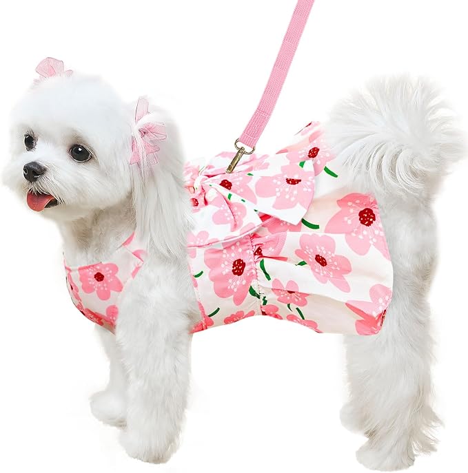ABRRLO Cute Dog Dress Small Dog Clothes For Girls Female Puppy Outfits Pink Floral Pet Summer Clothes Bowknot Doggy Cat Princess Dress Harness Set for Holiday Birthday Party Costume Clothing (Pink,XL)