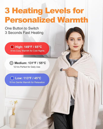 MIMYTH Cordless Heated Blanket with Hood, Rechargeable Wearable Heated Blanket Battery Powered with Strong Battery, 9 Heating Zones, 3 Levels, Portable Heated Throw Blanket, Camping(Wool Gray)